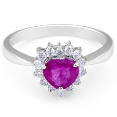 Ruby Diamond Halo Engagement Ring  Heart Shape Claw Setting In 14K White Gold
