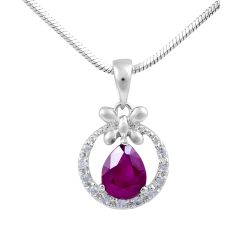 Ruby Diamond Halo Pendant Pear Shape Pave Setting In 14K White Gold 