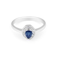 Blue Sapphire Halo Diamond Engagement Ring in 18 Karat White Gold - Precious Gems