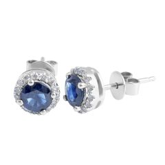 Sapphire Diamond Halo Stud Earring in 14 Karat White Gold  -  Precious Gems