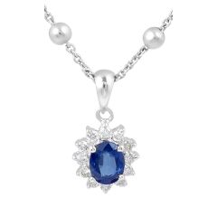 Sapphire Diamond Halo Pendant in 18 Karat White Gold  Sapphire Precious Gems