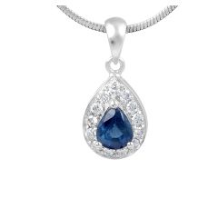 Sapphire Diamond Halo Pendant in 18 Karat White Gold - apphire Precious Gems
