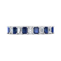  Diamond and Sapphire Emerald cut Eternity Ring 4 Claw Setting In 18K White Gold 