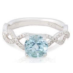 Criss Cross Round Cut Aquamarine Diamond Ring Pave Setting Side Stones In 18K White Gold 
