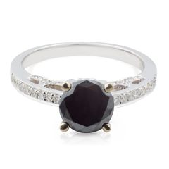 Vintage Style Black Diamond 4 Claw Setting Ring Share Prong Setting Side Stone In 18 Karat White Gold 