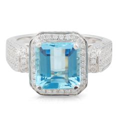 4.00CT Emerald Cut Aquamarine Halo Diamond Ring Pave Setting In 18K  White Gold