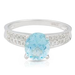 Aquamarine Oval Cut 2 Row Pave Set Diamond Ring In 18K White Gold
