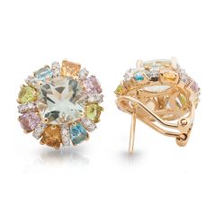 Green Amethyst Cushion Cut and Multi-colour Gemstones Diamond Earring  In 14K Yellow Gold 