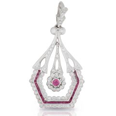 Vintage Style Ruby Diamond Pendant Channel Setting In 14K White Gold 