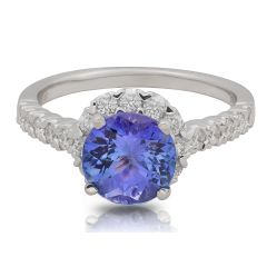 Halo Diamond Round Cut Tanzanite Ring in 18 Karat White Gold 