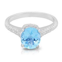 1.26ct Aquamarine Oval Cut 4 Claw Diamond Ring Pave Setting Side stones In 18K White Gold
