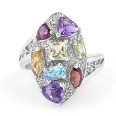 Multi Colour Gemstone Diamond Ring In 14 Karat White Gold 