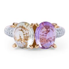 Geen And Purple Amethyst Diamond Cocktail Ring in 14 Karat Rose Gold 