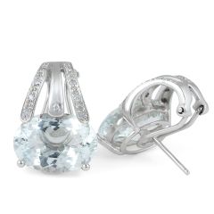 Oval Cut Aquamarine Diamond Earring In 14 Karat White Gold with European Clasp