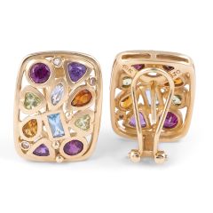 Multi Colour Gemstone Diamond Earring in 14 Karat Yellow Gold 