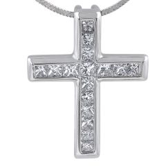 18 Karat White Gold Diamond Cross Pendant Princess Cut Channel Setting 