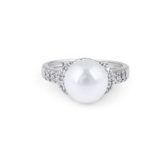 Culture Pearl and Diamond Ring Pave Setting In 14 Karat White Gold