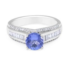 Baguette and Round Cut Tanzanite Diamond Ring In 18 Karat White Gold