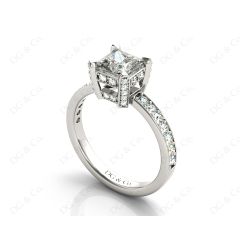 Princess Cut Diamond Engagement Ring with Claw set centre stone with Pave Set Prongs and Side Stones in Platinum