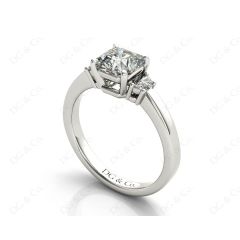 Radiant square cut three stone diamond ring claw set centre stone in 18K White