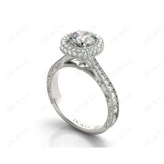 Vintage Style Double Halo Round Cut Diamond Engagement Ring With Claw Set Centre Stone in 18K White