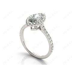 Marquise Cut Halo Diamond Engagement Ring with Claw Set Centre Stone with Pavé Set Side Stones in 18K White
