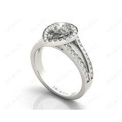 Pear Shape Halo Diamond ring with claw set centre stone in 18K White