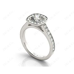 Cushion Cut Halo Diamond Ring with Milgrain Prong Set Centre Stone in Platinum