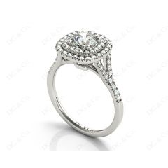 Round Cut Split Shank Diamond Engagement Ring with Double Halo and Pave Set Side Stones in Platinum