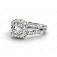 Round Cut Split Shank Milgrain Halo Engagement Ring with Micro Pave Set Diamonds on the Halo and Sidestones in Platinum
