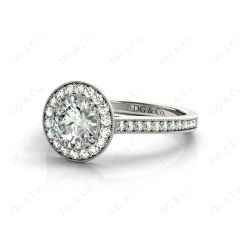 Halo Diamond Engagement Ring Round Cut with Claw Set Centre Stone Miligrain Share Prong Side Stones in 18K White Golde