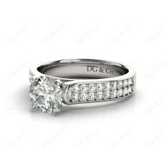 Round Cut Four Claws V Set Diamond Ring with Pave Set Side stones in Platinum