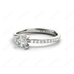 Round Cut Three Claws Diamond Ring with Pave Set Side Stones in 18K White