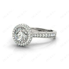 Vintage Style Double Halo Round Cut Diamond Engagement Ring With Claw Set Centre Stone in 18K White