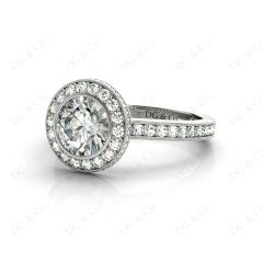 Vintage Style Round Cut Halo Diamond Ring with Bezel Set Centre Stone in Platinum