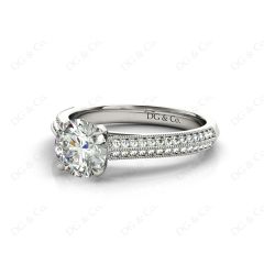 Round Cut Four Claws Diamond Ring in a Milgrain Pave Setting Side Stones in 18K White