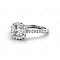 Cushion Cut Halo Diamond Engagement Ring with Claw Set Centre Stone with Pave Set Side Stones in 18K White