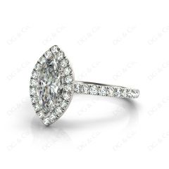 Marquise Cut Halo Diamond Engagement Ring with Claw Set Centre Stone with Pavé Set Side Stones in 18K White