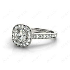Halo Cushion Cut Ring with Four Claws Set Centre Stone in Platinum