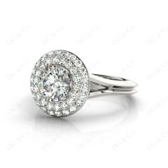 Round Cut Double Halo Plain Band Diamond Engagement ring with claw set centre stone in Platinum