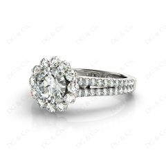 Round Cut Halo Flower Diamond Engagement Ring Split Band with Claw Set Centre Stone in 18K White