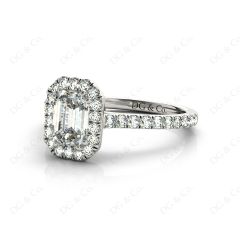 Emerald Cut Halo Diamond Engagement Ring with Four Claws Set Centre Stone in Platinum