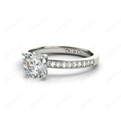Round Cut Four Claws Diamond Engagement Ring with Pave Set Side Stones in 18K White Gold