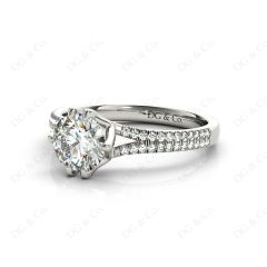 Round Cut Six Prongs Diamond Ring with Pave Set Split Band in 18K White