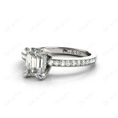 Emerald Cut Four Claw Diamond Ring with grain set side stones in 18K White