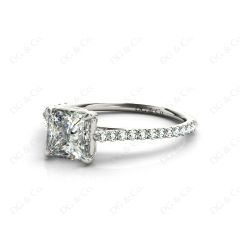 Princess Cut Four Claws Diamond Engagement Ring Pave Set Side Stones in Platinum