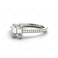 Emerald Cut Four Prongs Diamond Ring with Channel Set Side Stones in 18K White