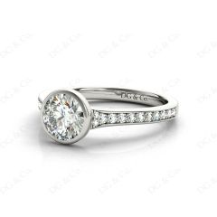 Round Cut Bezel Set Diamond Ring with Channel Set Diamonds Down the Shoulders In Platinum