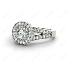 Round Cut Halo Diamond Engagement Ring Split Band with Four Claws Set Centre Stone in 18K White