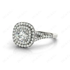 Round Cut Split Shank Diamond Engagement Ring with Double Halo and Pave Set Side Stones in Platinum